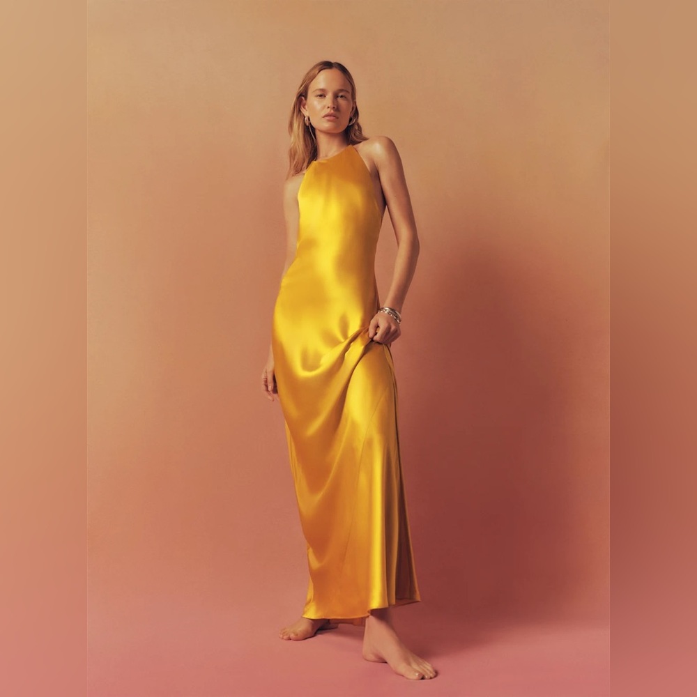 Reformation Jeany Silk Dress Tumeric Size Large NWT - Picture 3 of 16